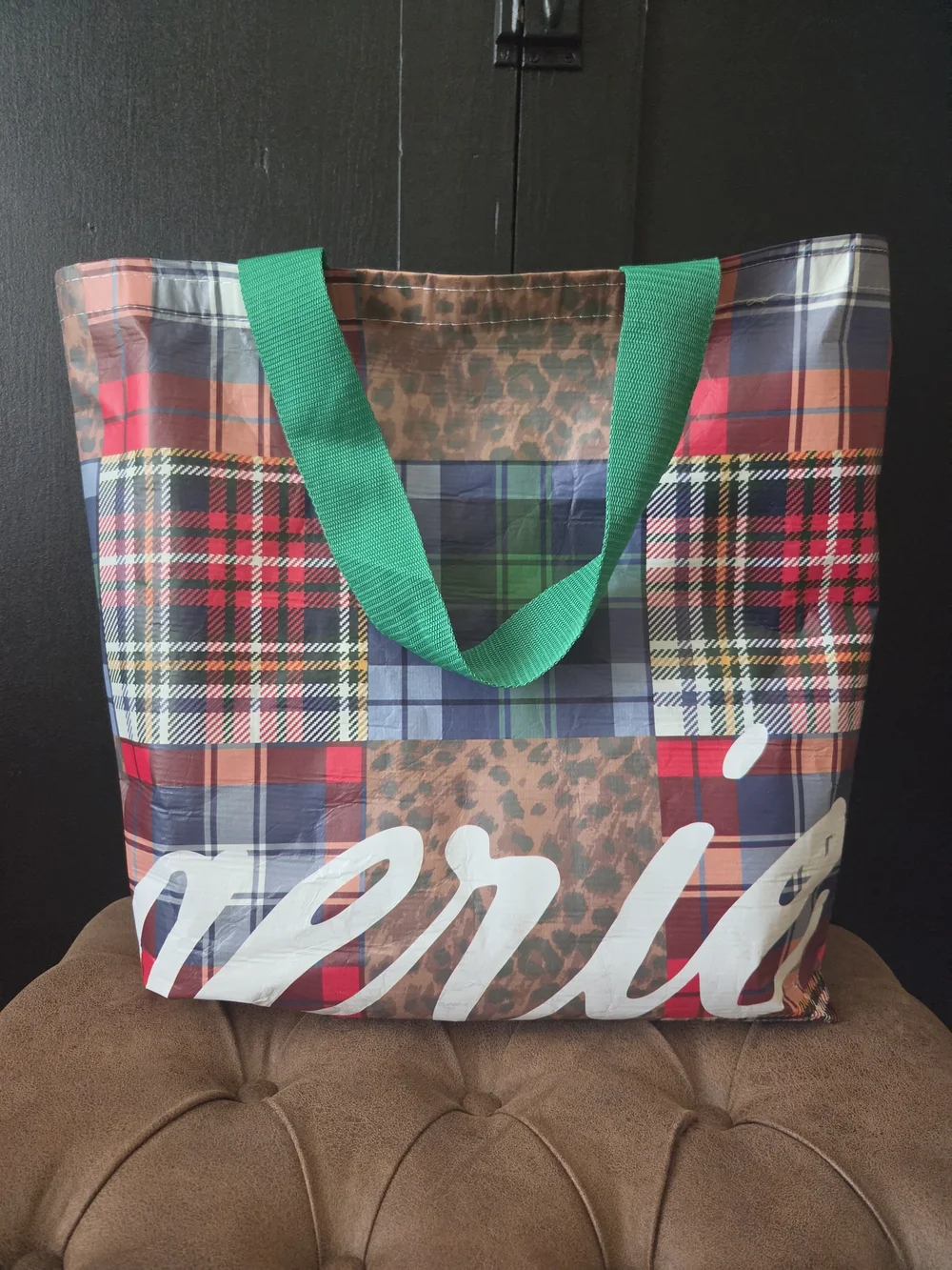 Aerie Patchwork Plaid Reusable Tote with Green Handles ~ Large